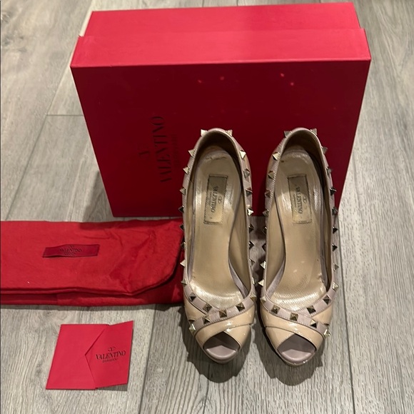 Valentino Women's Beige Studded Peep-Toe Heels - Picture 1 of 16